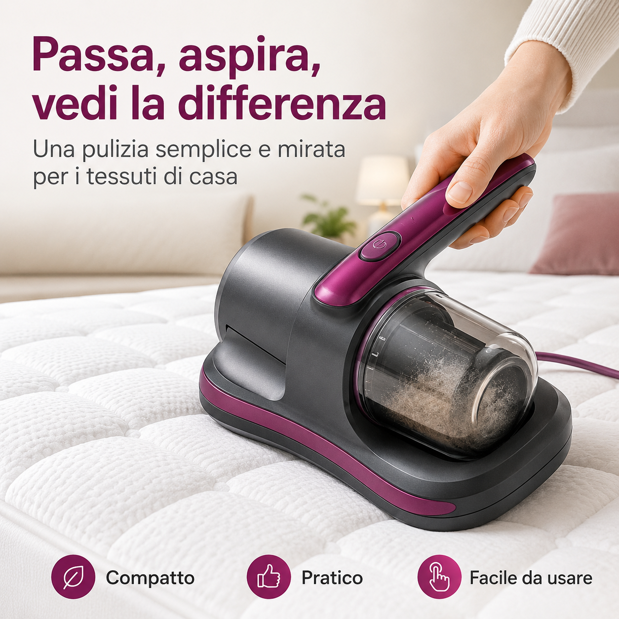 PureNido™ – Aspiratore Ricaricabile per Materassi, Cuscini e Divani