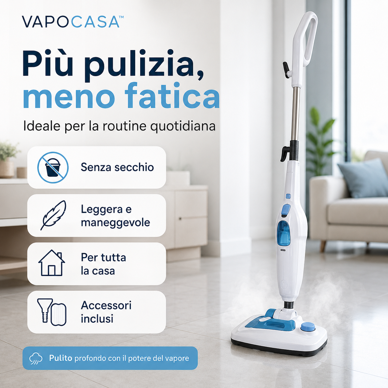 VapoCasa™ – Scopa Elettrica a Vapore 2 in 1 per Pavimenti e Superfici di Casa