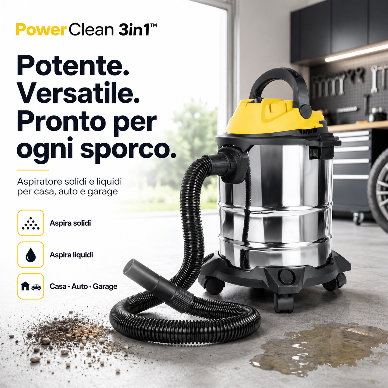 PowerClean 3in1™ – Aspiratore Solidi e Liquidi per Casa, Auto e Sporco Difficile