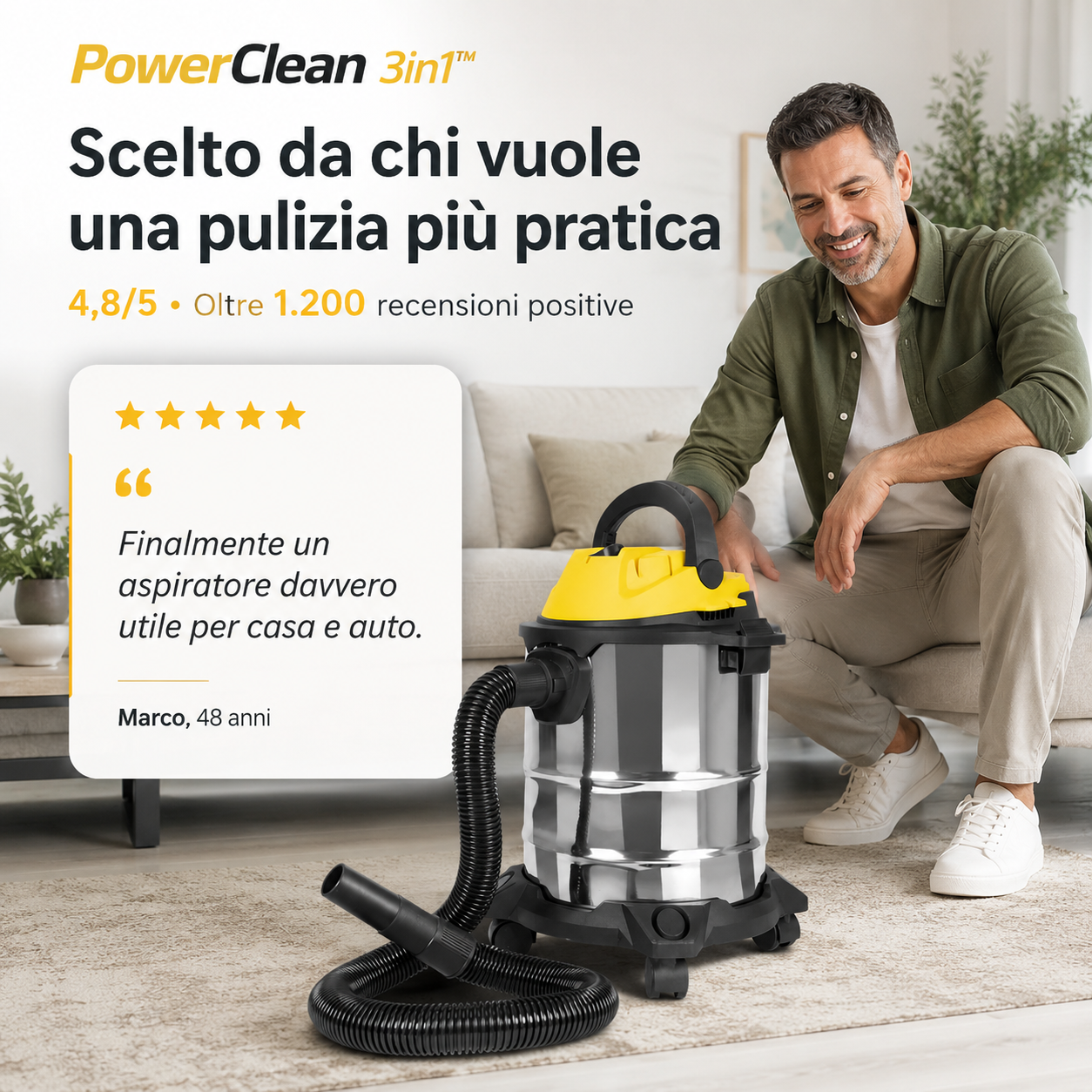 PowerClean 3in1™ – Aspiratore Solidi e Liquidi per Casa, Auto e Sporco Difficile