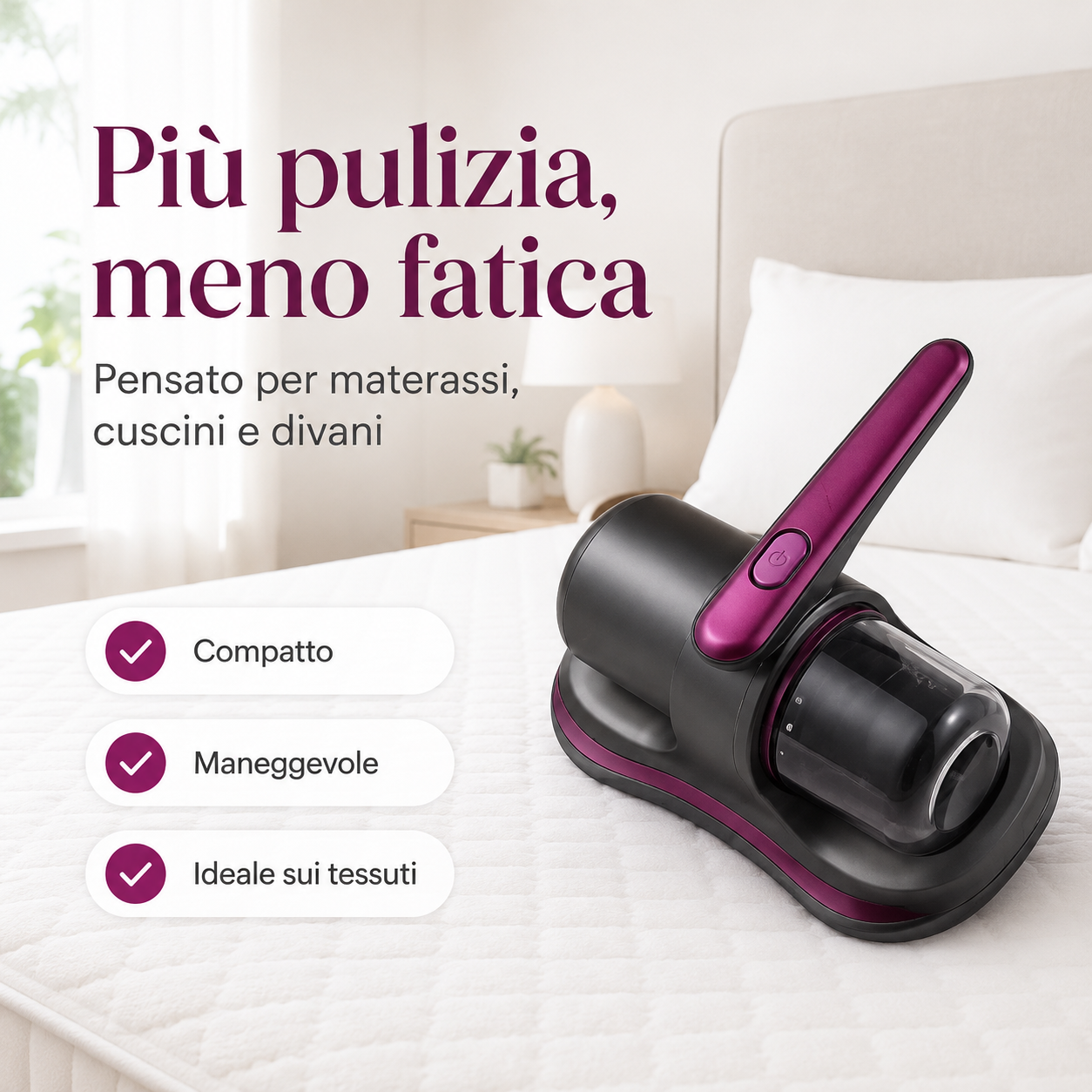 PureNido™ – Aspiratore Ricaricabile per Materassi, Cuscini e Divani