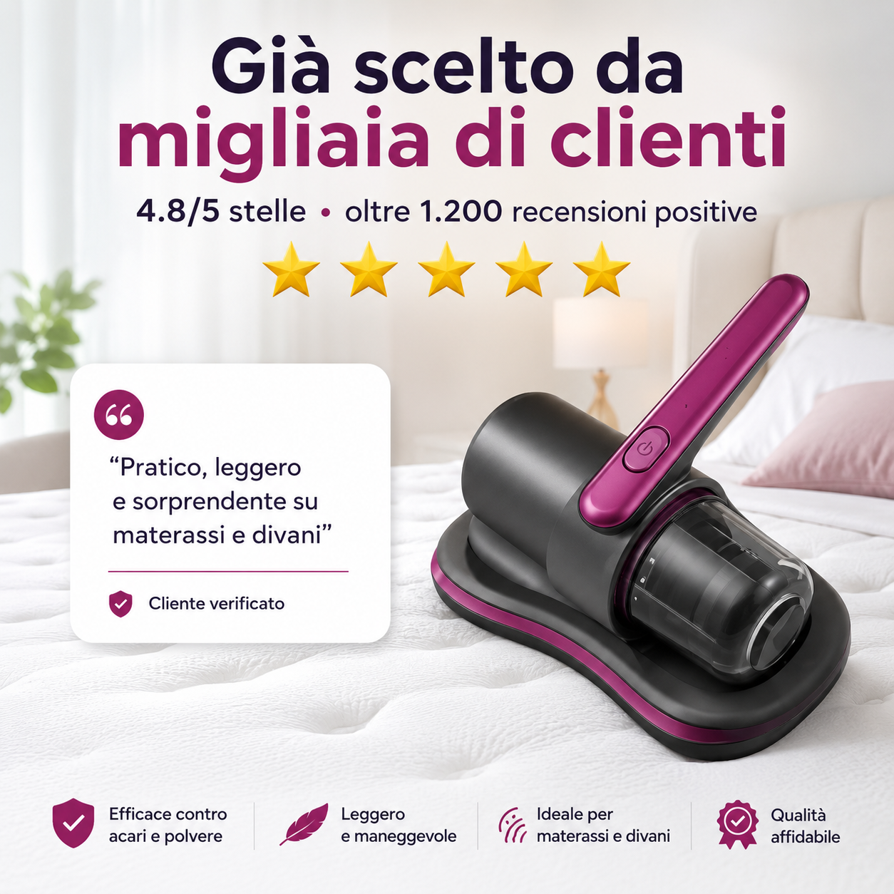 PureNido™ – Aspiratore Ricaricabile per Materassi, Cuscini e Divani
