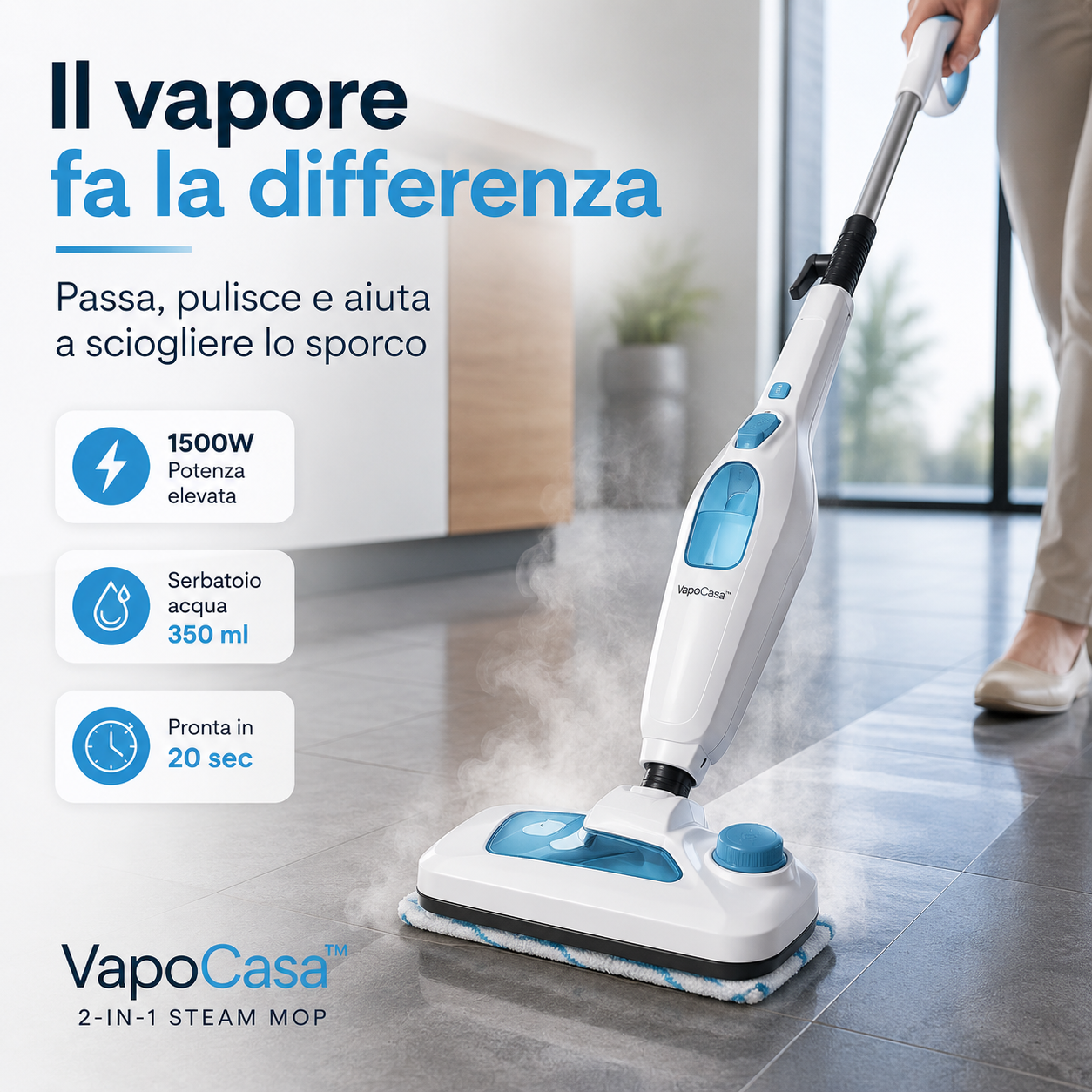 VapoCasa™ – Scopa Elettrica a Vapore 2 in 1 per Pavimenti e Superfici di Casa