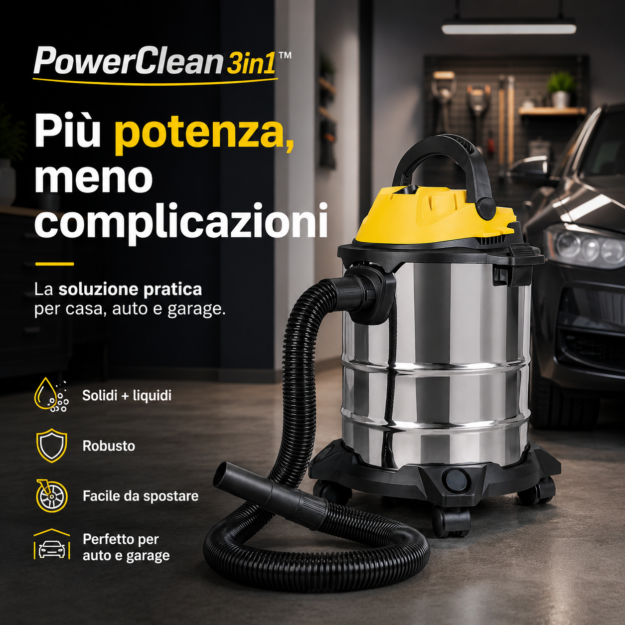 PowerClean 3in1™ – Aspiratore Solidi e Liquidi per Casa, Auto e Sporco Difficile